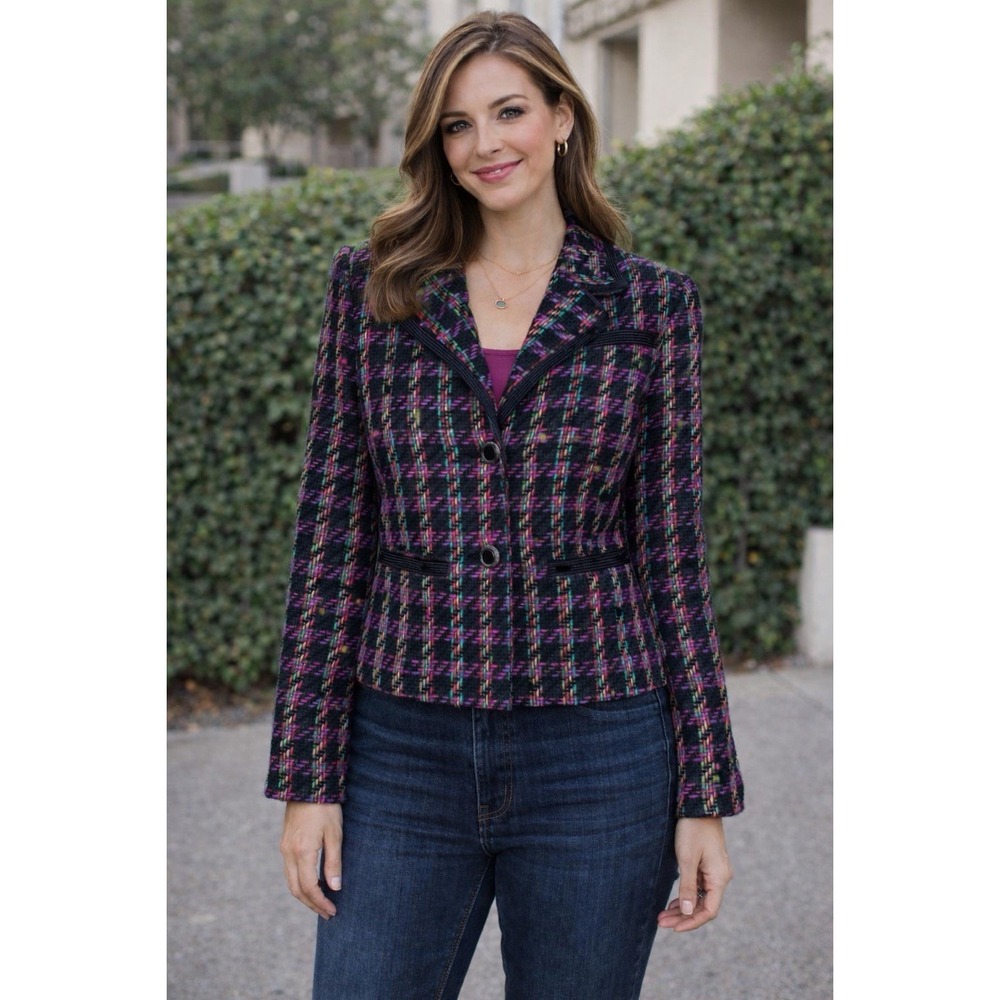 Mixit Ladies Jacket Blazer Size 7/8 Multicolor Tweed Black Plaid Lined VTG 90's